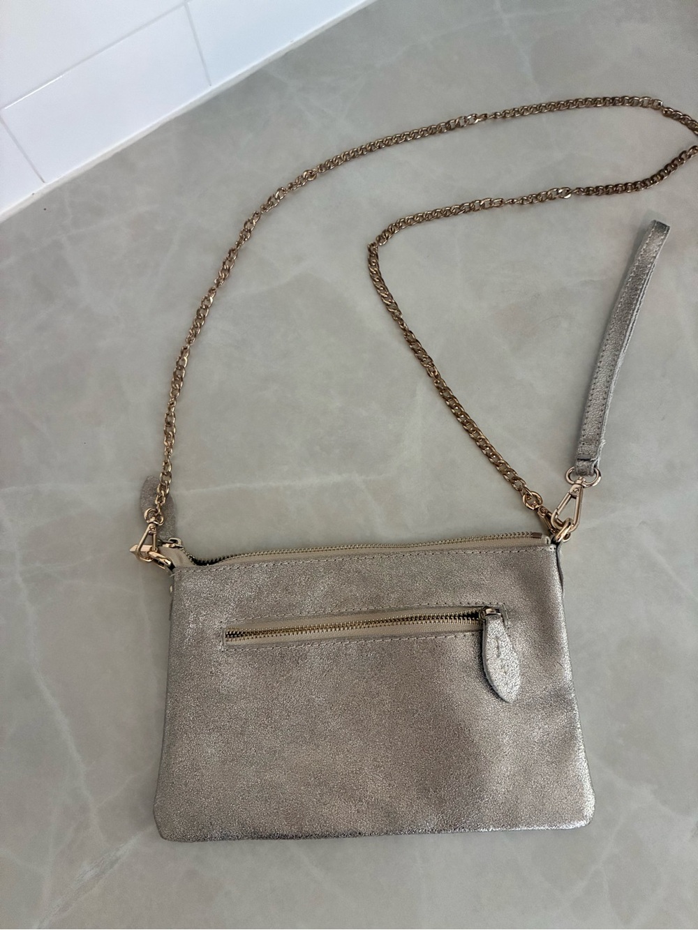 Metallic Silver leather Crossbody Clutch with Chain Strap